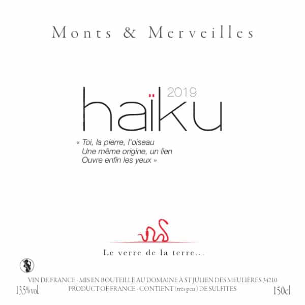 Étiquette de vin rouge Haïku 2019 produite par le domaine Monts & Merveilles